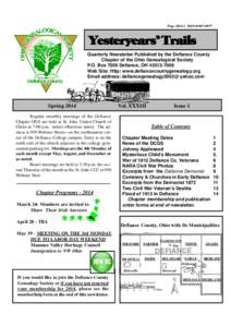 PageISSN#Yesteryears’ Trails Quarterly Newsletter Published by the Defiance County Chapter of the Ohio Genealogical Society P.O. Box 7006 Defiance, OH