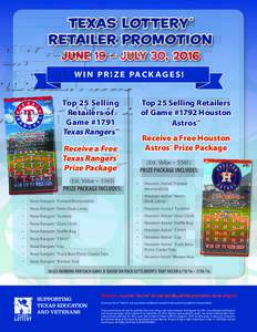 Texas Lottery RETAILER PROMOTION ® june 19 – july 30, 2016 W I N P R I Z E PA C K A G E S !