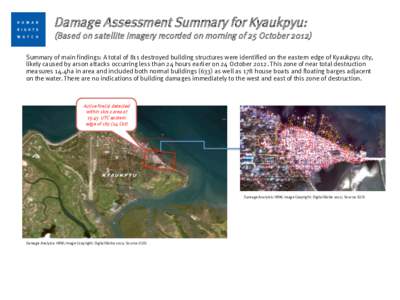 Damage Assessment Summary for Kyaukpyu: (Based on satellite imagery recorded on morning of 25 October[removed]Summary of main findings: A total of 811 destroyed building structures were identified on the eastern edge of Ky