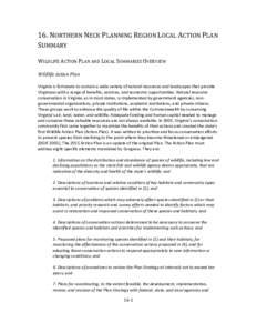 16. NORTHERN NECK PLANNING REGION LOCAL ACTION PLAN SUMMARY WILDLIFE ACTION PLAN AND LOCAL SUMMARIES OVERVIEW Wildlife Action Plan Virginia is fortunate to contain a wide variety of natural resources and landscapes that 