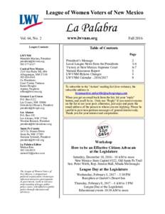 League of Women Voters of New Mexico  La Palabra Vol. 64, No. 2 League Contacts LWVNM