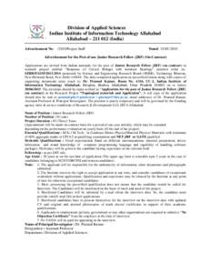Division of Applied Sciences Indian Institute of Information Technology Allahabad Allahabad – India) Advertisement NoProject Staff  Dated