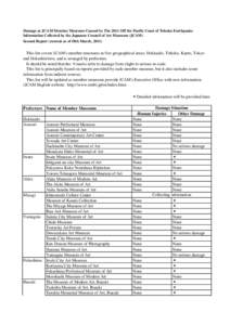 Damage at JCAM Member Museums Caused by The 2011 Off the Pacific Coast of Tohoku Earthquake Information Collected by the Japanese Council of Art Museums (JCAM) Second Report (current as of 18th March, 2011) This list cov