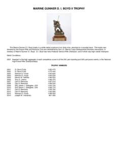 MARINE GUNNER D. I. BOYD II TROPHY  The Marine Gunner D.I. Boyd trophy is a white metal sculpture of an Army man, mounted on a wooden base. The trophy was donated by the Dayton Rifle and Revolver Club and refurbished by 