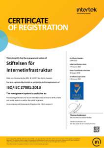 This is to certify that the management system of:  Stiftelsen för Internetinfrastruktur Main site: Hammarby Kaj 10D, SEStockholm, Sweden