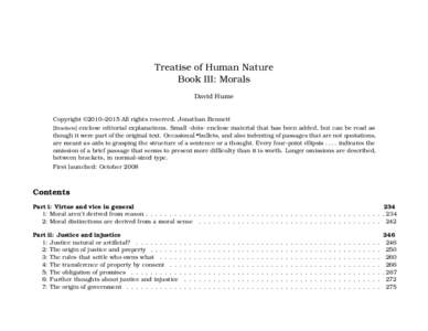 Treatise of Human Nature Book III: Morals David Hume Copyright ©2010–2015 All rights reserved. Jonathan Bennett [Brackets] enclose editorial explanations. Small ·dots· enclose material that has been added, but can b