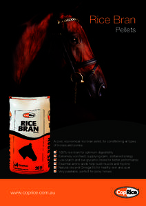 Rice Bran Pellets A cool, economical rice bran pellet, for conditioning all types of horses and ponies. 	 100% rice bran for optimum digestibility