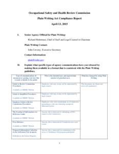 Occupational Safety and Health Review Commission Plain Writing Act Compliance Report April 13, 2015 I.