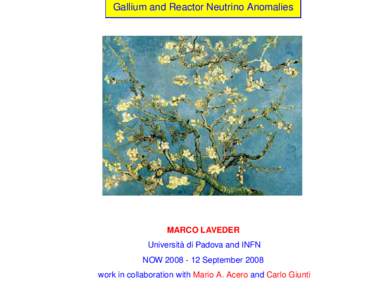 Gallium and Reactor Neutrino Anomalies  MARCO LAVEDER Universita` di Padova and INFN NOWSeptember 2008 work in collaboration with Mario A. Acero and Carlo Giunti