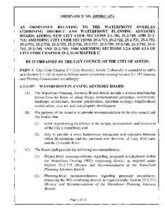 ORDINANCE NOAN ORDINANCE RELATING TO THE WATERFRONT OVERLAY COMBINING DISTRICT AND WATERFRONT PLANNING ADVISORY BOARD; ADDING NEW CITY CODE SECTIONS, , AND; AMENDING CITY CODE SECTI