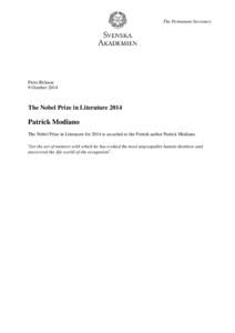 The Permanent Secretary  Press Release 9 October[removed]The Nobel Prize in Literature 2014