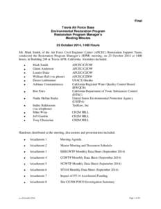 Final Travis Air Force Base Environmental Restoration Program Restoration Program Manager’s Meeting Minutes 23 October 2014, 1400 Hours