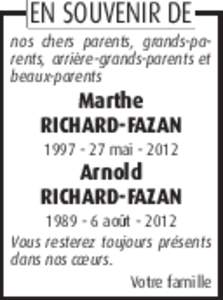 EN SOUVENIR DE nos chers parents, grands-parents, arrière-grands-parents et beaux-parents Marthe RICHARD-FAZAN