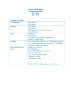 Mancos Middle School School Supply List 8th GradeTeacher/Class