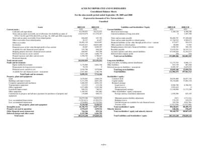 ACER INCORPORATED AND SUBSIDIARIES Consolidated Balance Sheets For the nine-month period ended September 30, 2009 andExpressed in thousands of New Taiwan dollars) Unaudited