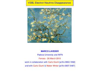 VSBL Electron Neutrino Disappearance  MARCO LAVEDER Padova University and INFN Ferrara - 26 March 2010 work in collaboration with Carlo Giunti [arXiv:]