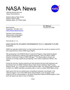 Microsoft Word[removed]NASA Selects Student Experiments to Fly Aboard Futur.