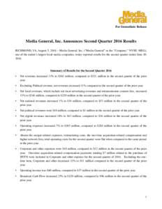 Microsoft Word - Media General Announces Second Quarter 2016 Results_FINAL.docx