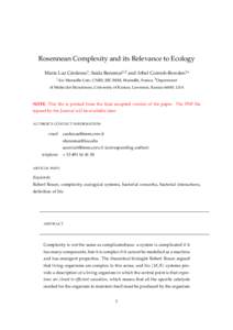 Rosennean Complexity and its Relevance to Ecology María Luz Cárdenas1 , Saida Benomar1,2 and Athel Cornish-Bowden1 * 1 Aix Marseille Univ, CNRS, BIP, IMM, Marseille, France, 2 Department