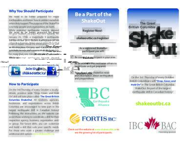 Why You Should Participate We need to be better prepared for major earthquakes, and know how to protect ourselves when they happen. The purpose of the ShakeOut is to help people and organizations do both. While potential