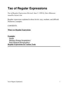 Tao of Regular Expressions Tao of Regular Expressions Revised: June 5, 1999 by Steve Mansour,  Regular expressions explained in three levels: easy, medium, and difficult. Numerous examples. CONTENTS