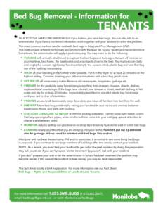 Bed Bug Removal - Information for  Tenants Talk to your landlord immediately if you believe you have bed bugs. You can also talk to an exterminator. If you have a confirmed infestation, work together with your landlord t