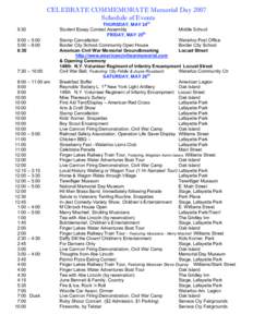 CELEBRATE COMMEMORATE Memorial Day 2007 Schedule of Events 9:30 9:00 – 5:00 5:00 – 8:00 6:30