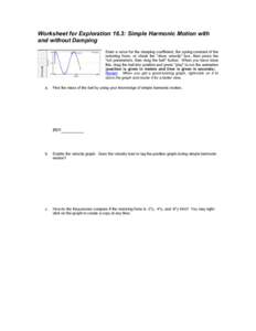 Worksheet for Exploration 16.3: Simple Harmonic Motion with and without Damping Enter a value for the damping coefficient, the spring constant of the restoring force, or check the 
