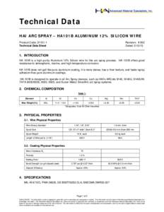 Technical Data HAI ARC SPRAY – HA101B ALUMINUM 12% SILICON WIRE Product Code: Technical Data Sheet  Revision: # 002