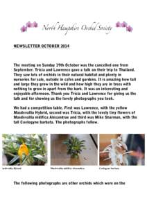 NEWSLETTER OCTOBERThe meeting on Sunday 19th October was the cancelled one from September. Tricia and Lawrence gave a talk on their trip to Thailand. They saw lots of orchids in their natural habitat and plenty in