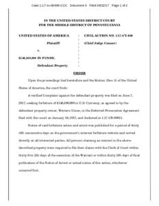 Case 1:17-cvCCC Document 9 FiledPage 1 of 2  IN THE UNITED STATES DISTRICT COURT FOR THE MIDDLE DISTRICT OF PENNSYLVANIA UNITED STATES OF AMERICA Plaintiff