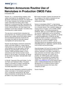 Nantero Announces Routine Use of Nanotubes in Production CMOS Fabs
