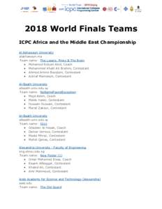 2018 World Finals Teams ICPC Africa and the Middle East Championship Al Akhawayn University alakhawayn.ma Team name: ​The Losers: Pinky & The Brain ● Mohamed Riduan Abid, Coach