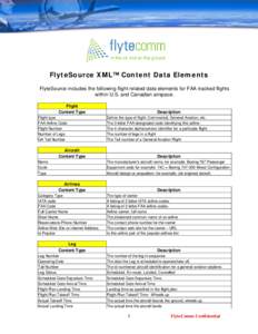 FlyteSource XML™ Content Data Elements FlyteSource includes the following flight related data elements for FAA tracked flights within U.S. and Canadian airspace. Flight Content Type Flight type