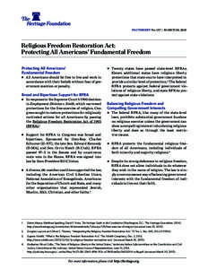 ﻿ FACTSHEET No. 157 | March 30, 2015 Religious Freedom Restoration Act: Protecting All Americans’ Fundamental Freedom Protecting All Americans’