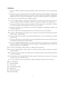 Syllabus I (2 lectures; KNR) Lie algebras and homomorphisms, ideals; representations; sl2 C and its representations. II (3 lectures but only 2 tutorials; UK) linear Lie algebras; derivations; automorphisms. Nilpotent and