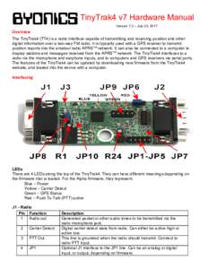TinyTrak4 v7 Hardware Manual Version 7.2 – July 23, 2017 Overview The TinyTrak4 (TT4) is a radio interface capable of transmitting and receiving position and other digital information over a two-way FM radio. It is typ