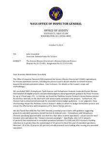 NASA OFFICE OF INSPECTOR GENERAL OFFICE OF AUDITS SUITE 8U71, 300 E ST SW WASHINGTON, D.C[removed]October 9, 2014