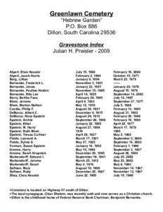 Greenlawn Cemetery “Hebrew Garden” P.O. Box 886 Dillon, South CarolinaGravestone Index Julian H. Preisler