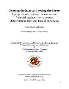 Clearing the haze and seeing the forest A proposal of economic incentives and financial mechanisms to combat deforestation, fires and haze in Indonesia Iván Darío Valencia Scholarly Paper for Graduate Studies