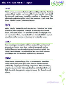 The Sixteen MBTI® Types ISTJ Quiet, serious, earn success by thoroughness and dependability. Practical, matter-of-fact, realistic, and responsible. Decide logically what should be done and work toward it steadily, regar
