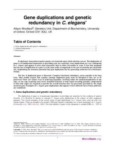 Gene duplications and genetic redundancy in C. elegans* Alison Woollard§, Genetics Unit, Department of Biochemistry, University of Oxford, Oxford OX1 3QU, UK  Table of Contents