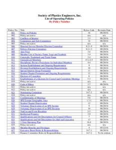 Society of Plastics Engineers, Inc. List of Operating Policies By Policy Number Policy No