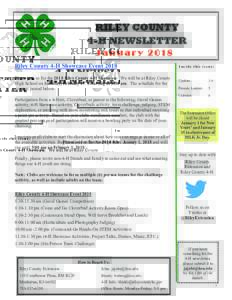 RILEY COUNTY 4-H NEWSLETTER J a n u a r yRiley County 4-H Showcase Event 2018 Please join us for the 2018 Riley County 4-H Showcase. We will be at Riley County High School on Saturday, February 17th, starting at 8