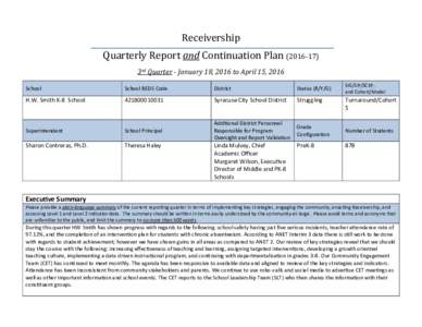 Receivership Quarterly Report and Continuation Plan3rd Quarter - January 18, 2016 to April 15, 2016 SIG/SIF/SCEP, and Cohort/Model