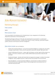 JOB ADVERTISEMENT Marketing Manager Role Location Belfast  Main purpose of job