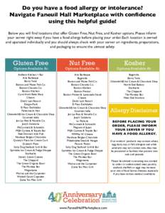 Do you have a food allergy or intolerance? Navigate Faneuil Hall Marketplace with confidence using this helpful guide! Below you will find locations that offer Gluten Free, Nut Free, and Kosher options. Please inform you