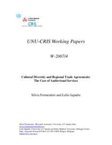 UNU-CRIS Working Papers W[removed]Cultural Diversity and Regional Trade Agreements: The Case of Audiovisual Services