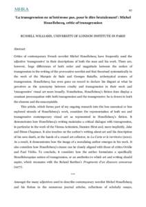 67  ‘La transgression ne m’intéresse pas, pour le dire brutalement’: Michel Houellebecq, critic of transgression  RUSSELL WILLIAMS, UNIVERSITY OF LONDON INSTITUTE IN PARIS