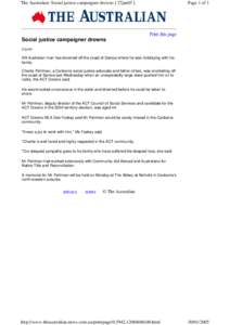The Australian: Social justice campaigner drowns [ 27jan05 ]  Social justice campaigner drowns Page 1 of 1